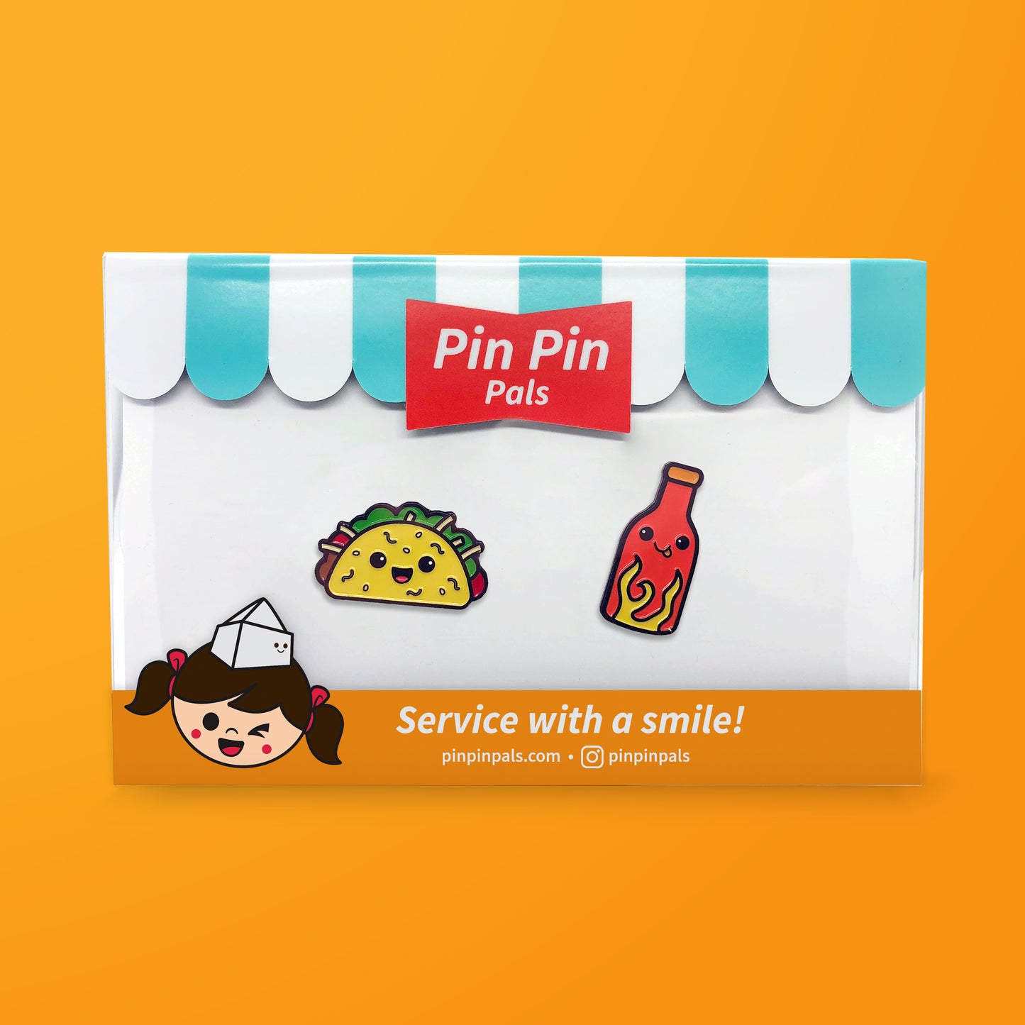 Pin Pin Pals Taco and Hot Sauce enamel pin set in packaging box on orange background