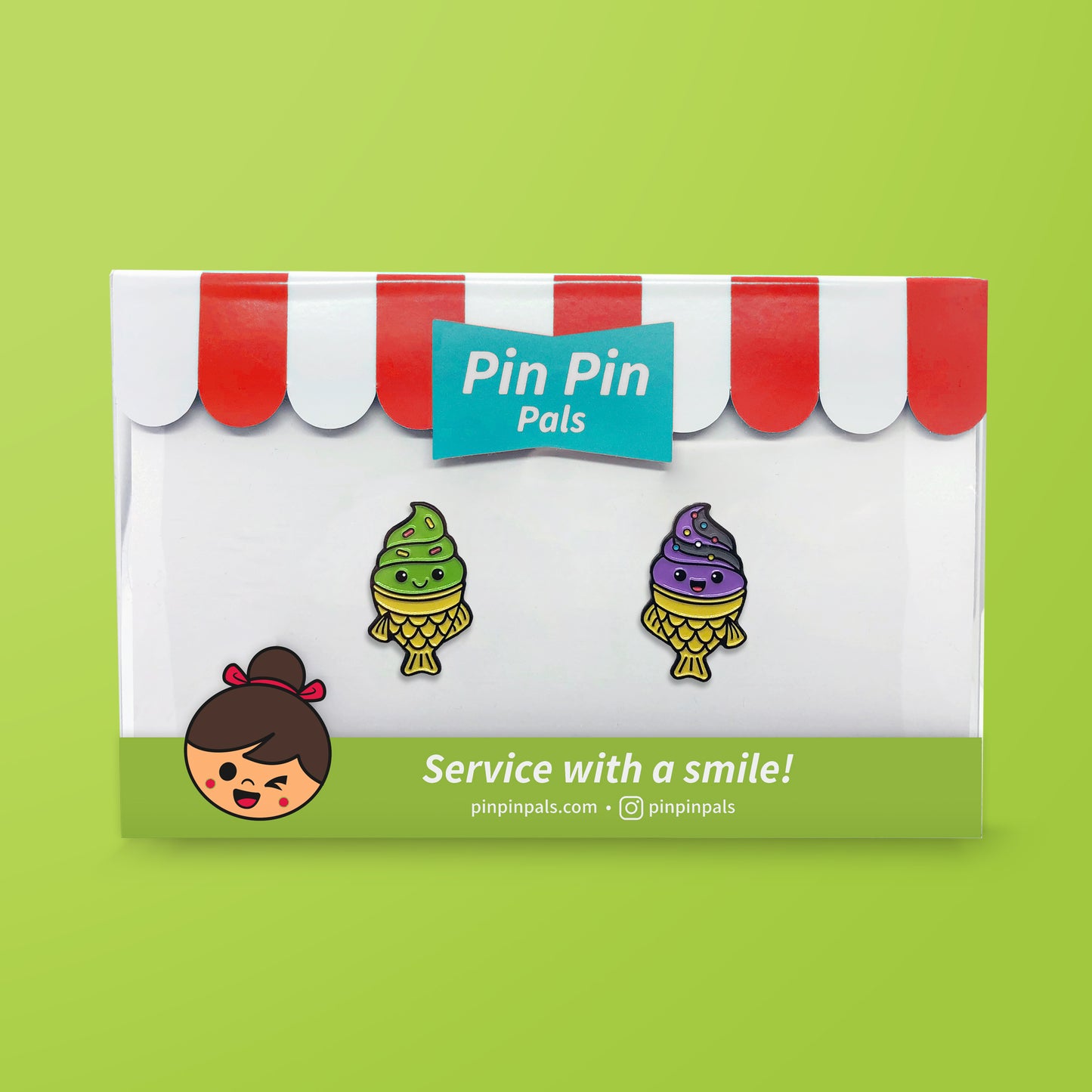 Pin Pin Pals Taiyaki enamel pin set in packaging box on green background