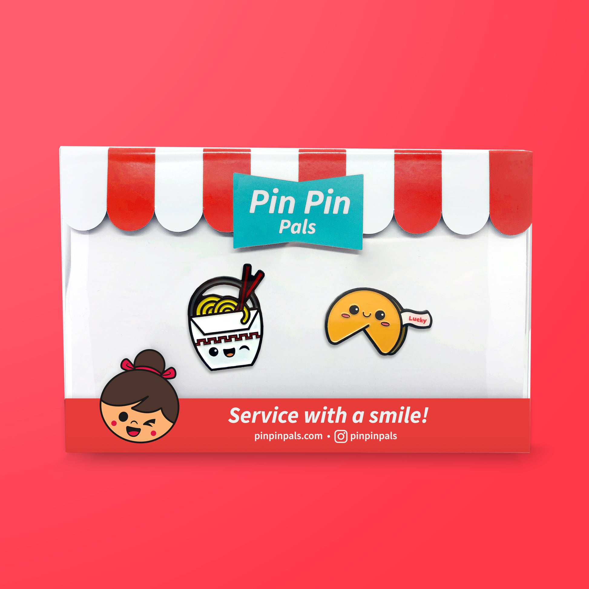 Pin Pin Pals Chinese Takeout and Fortune Cookie enamel pin set in packaging box on red background