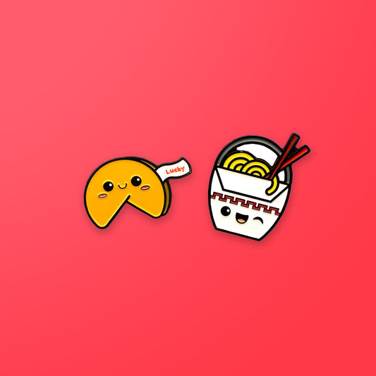 Chinese Takeout and Fortune Cookie enamel pin set on red background