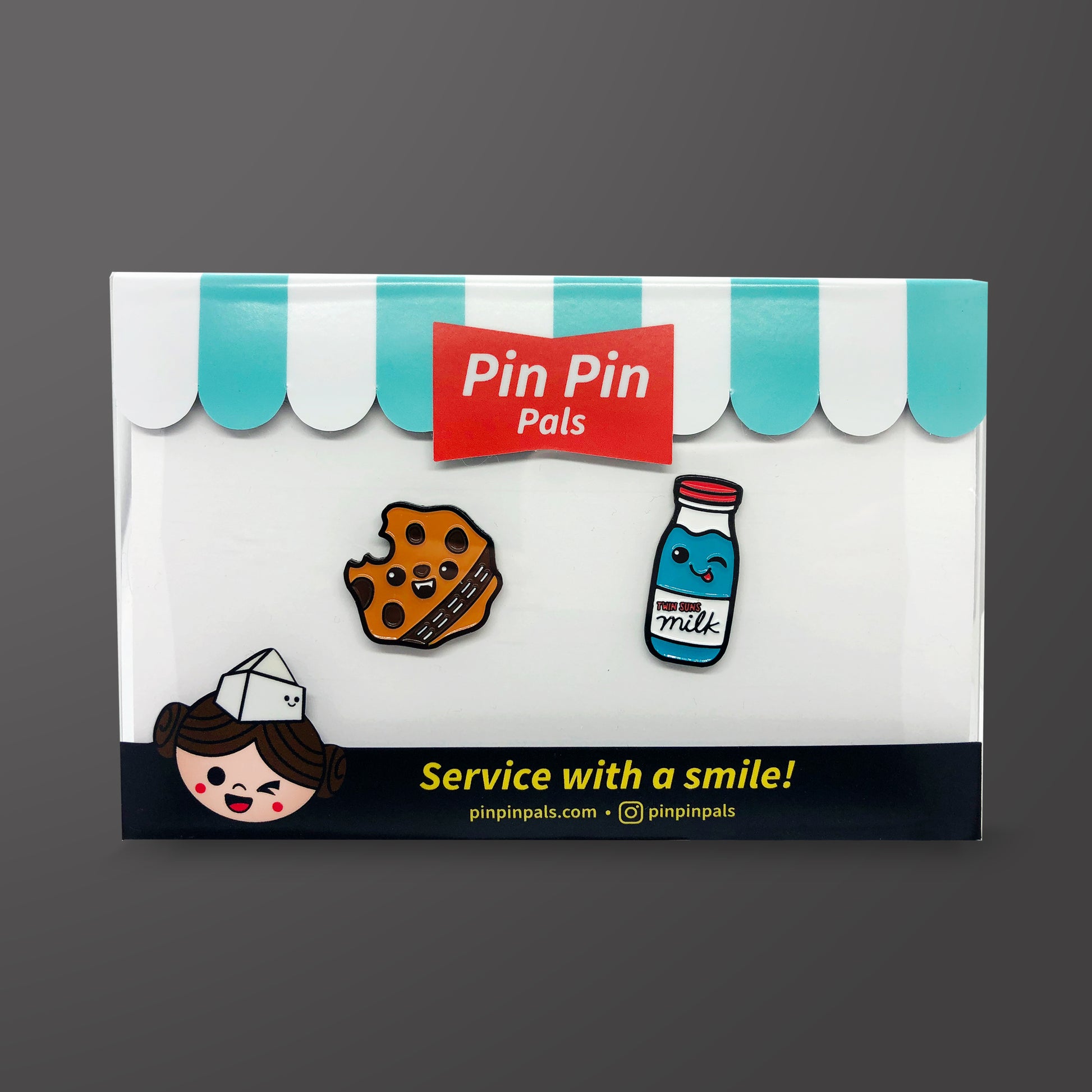 Pin Pin Pals Star Wars Wookie Cookie and Blue Milk enamel pin set in packaging box on grey background
