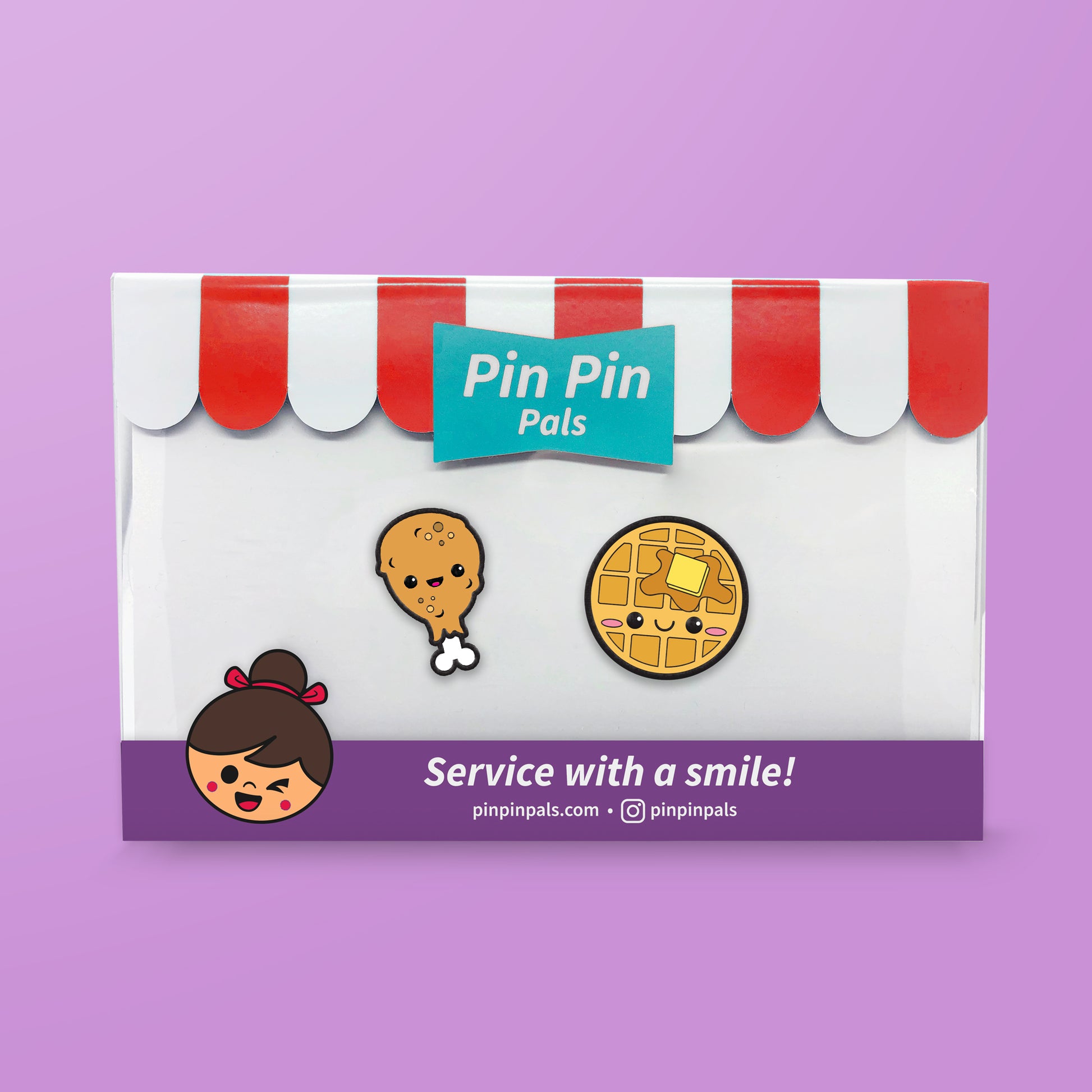 Pin Pin Pals enamel pin set in packaging box on purple background