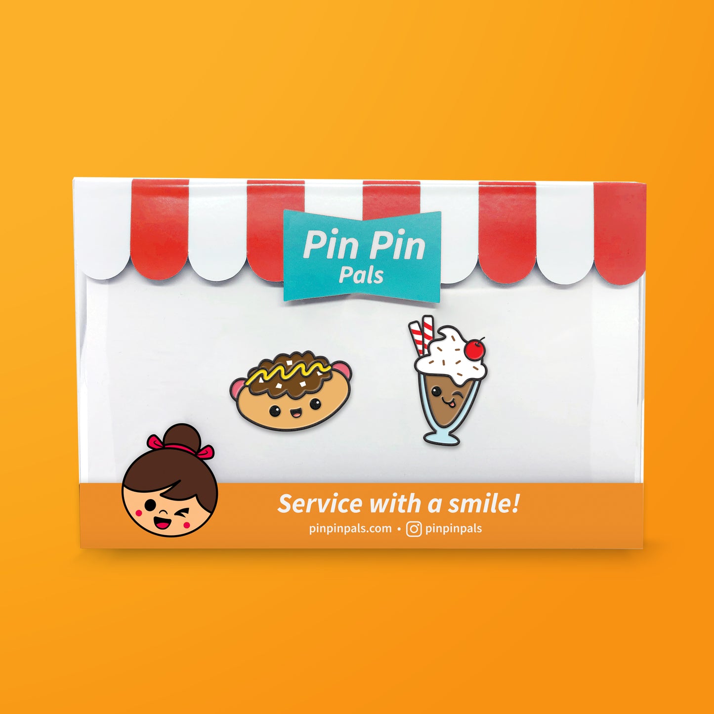 Pin Pin Pals Coney Dog & Root Beer Float enamel pin set in packaging box on orange background