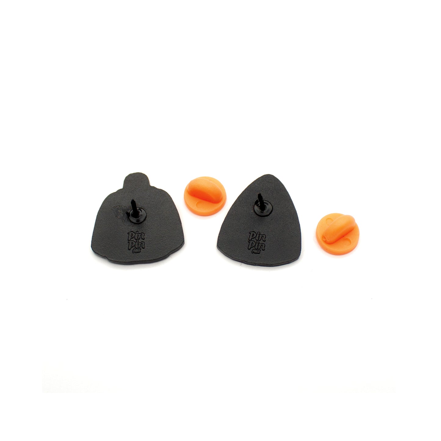 Backs of Halloween Pumpkin and Candy Corn enamel pins with orange rubber backings
