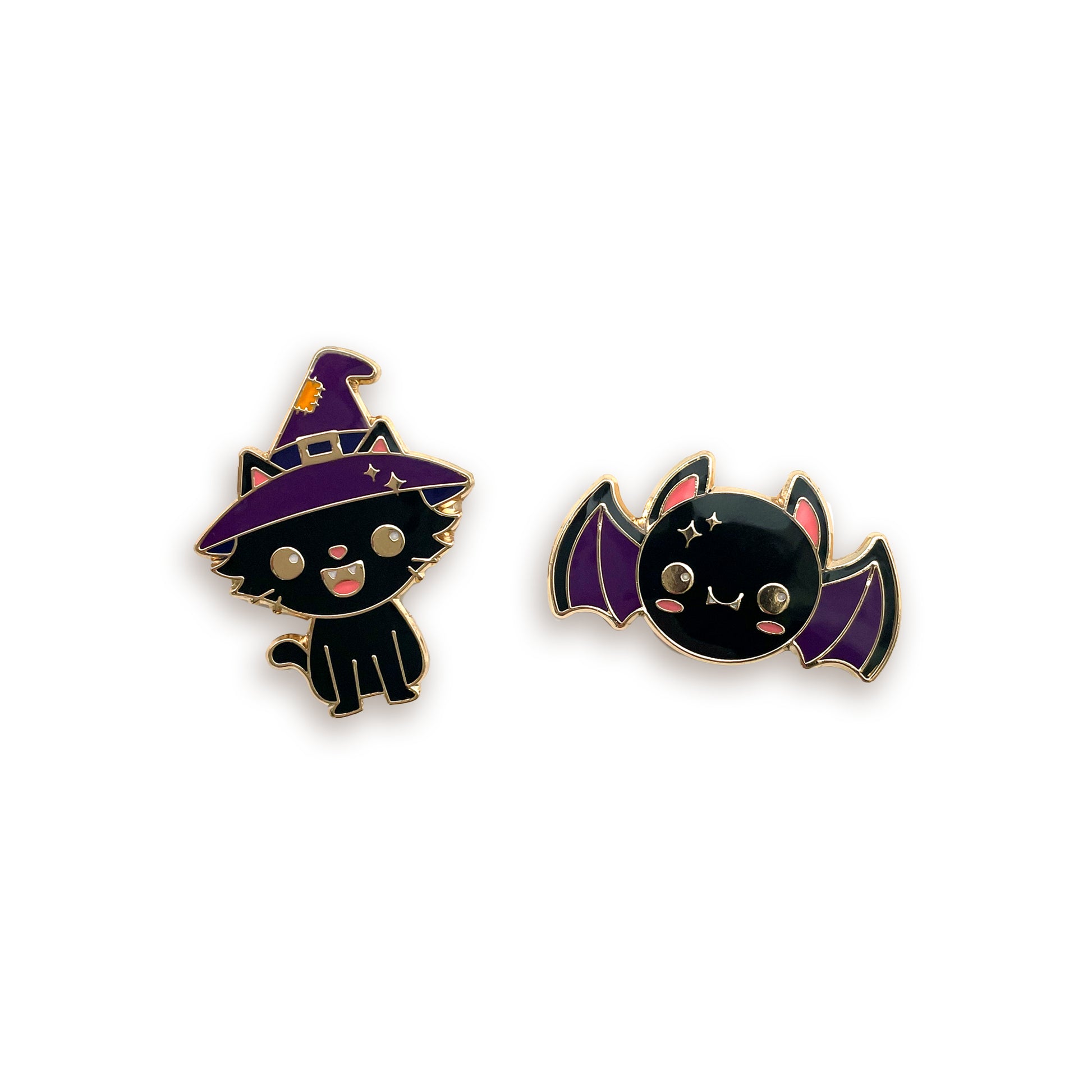 Halloween Cat and Bat enamel pins on white background