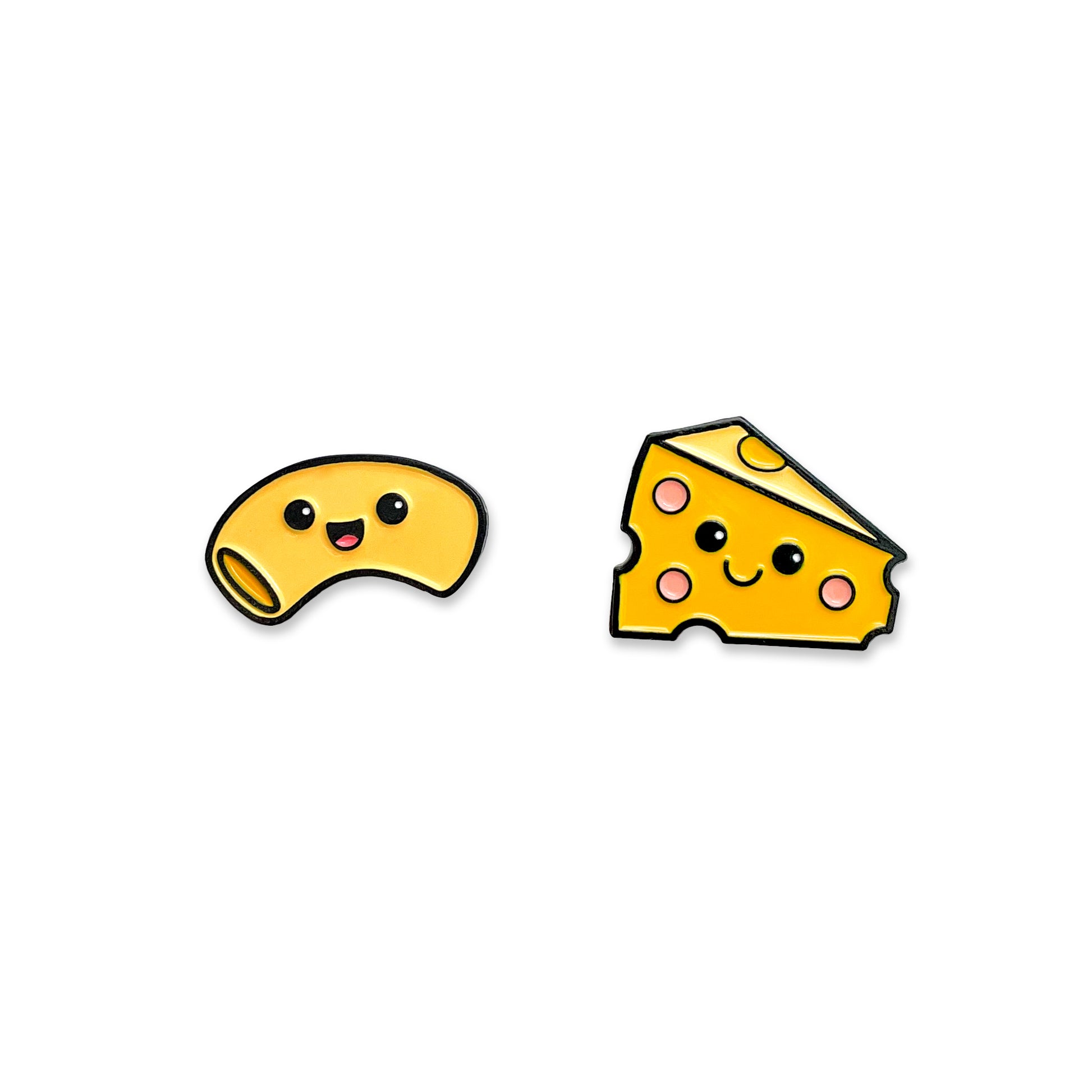 Mac and Cheese enamel pins on white background