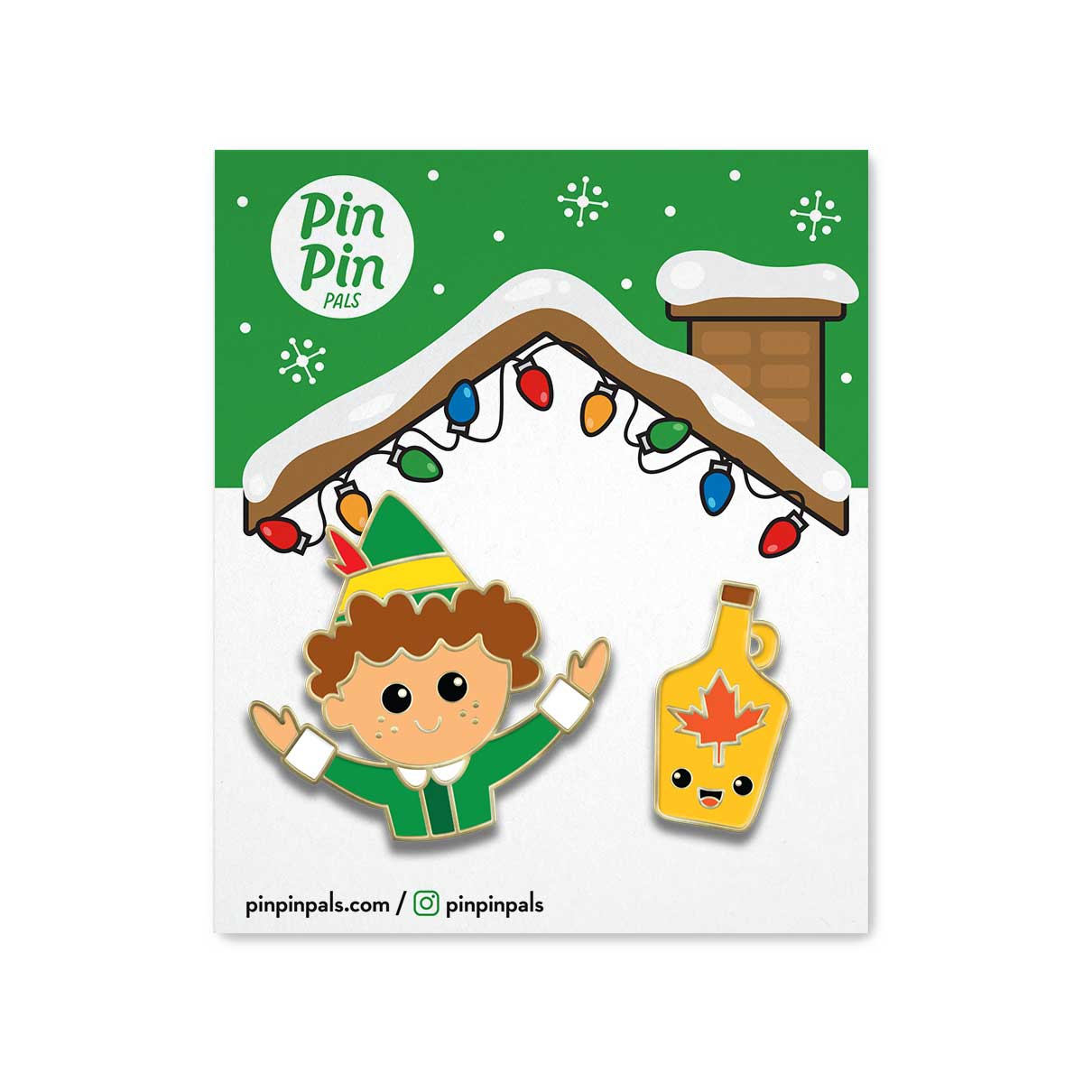 Buddy the Elf & Maple Syrup Enamel Pin Set on backer card