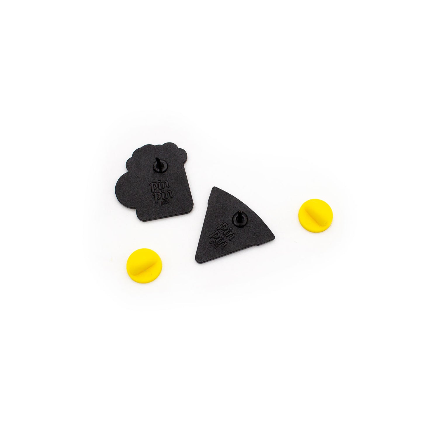 Backs of Pizza and Beer enamel pins with yellow rubber backings