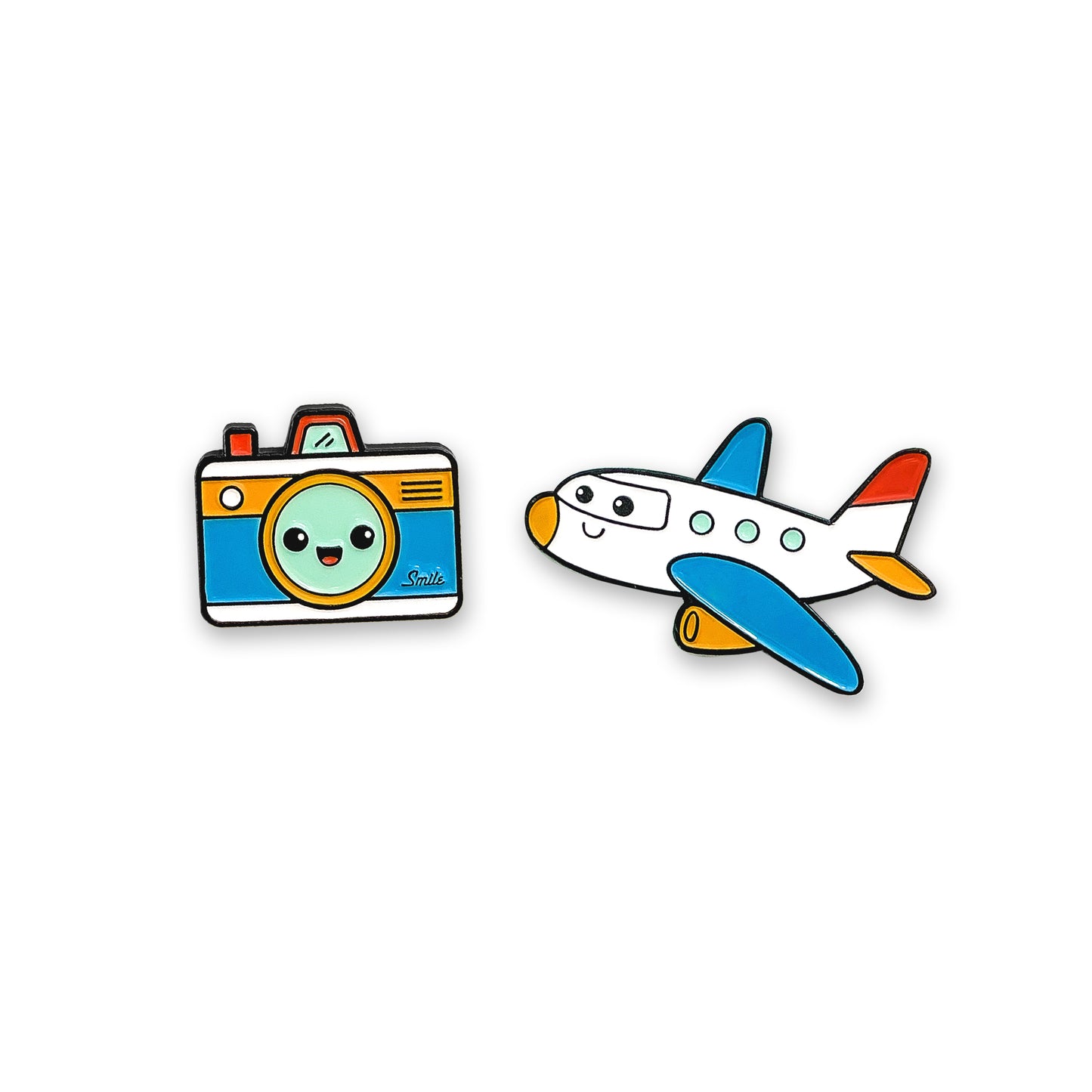 Camera and Plane Enamel Pins - White and Blue Colors