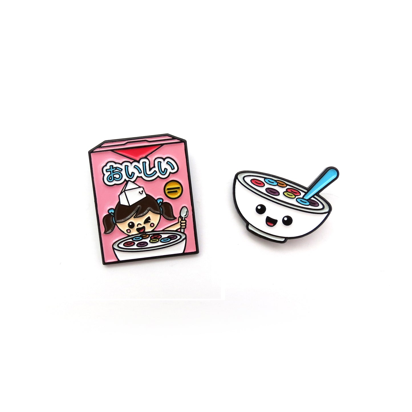 Fruity Cereal Box and Cereal Bowl enamel pins on white background