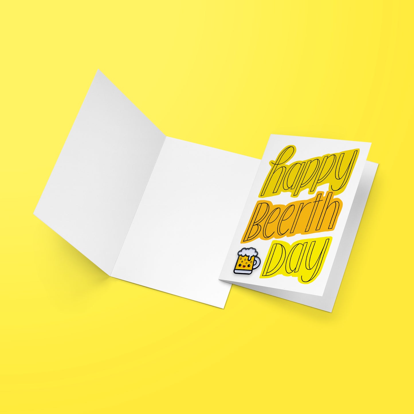 Happy Beerthday greeting card opened on yellow background