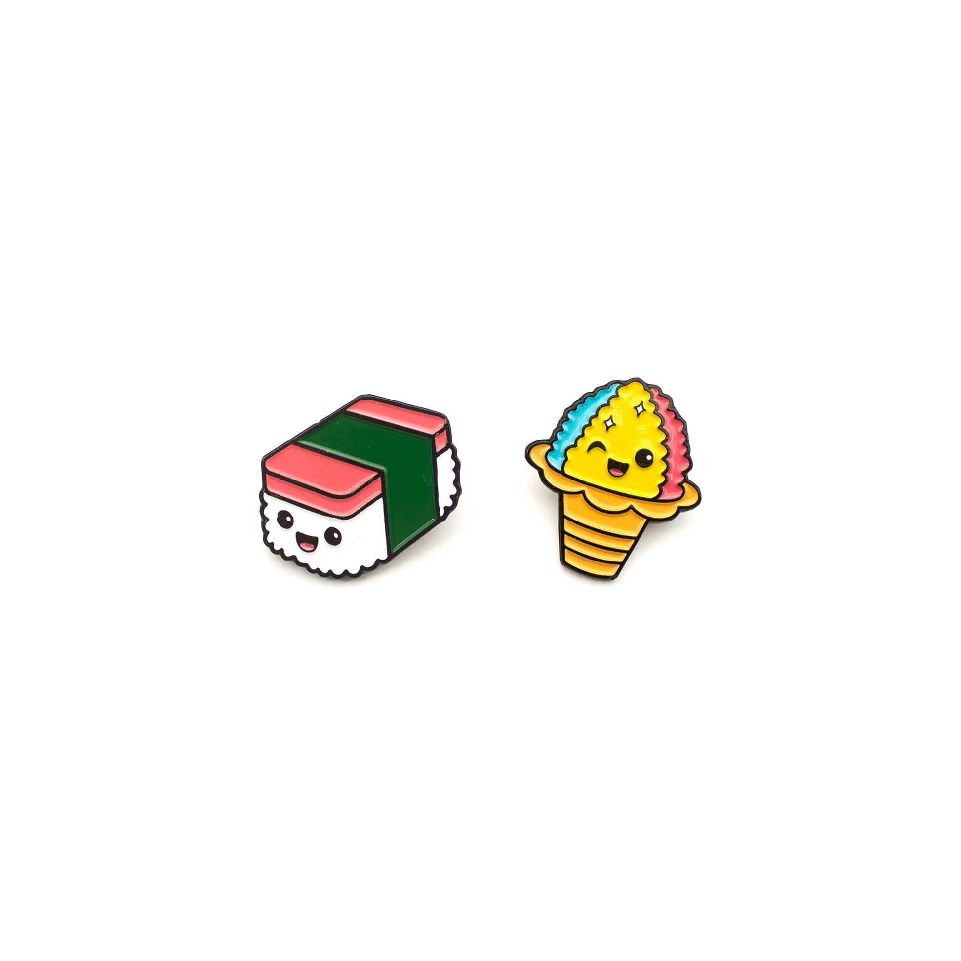 Spam Musubi and Shaved Ice enamel pins on white background