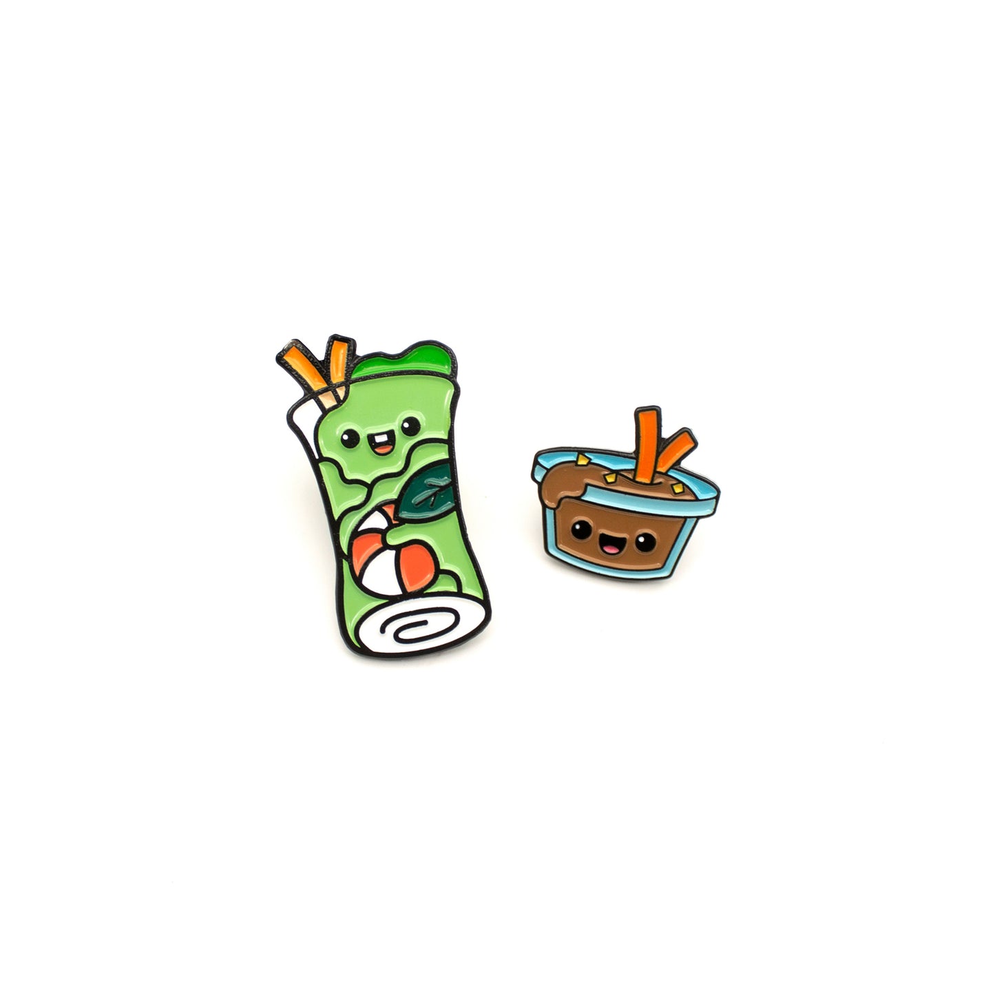 Spring Roll and Peanut Sauce enamel pins on white background