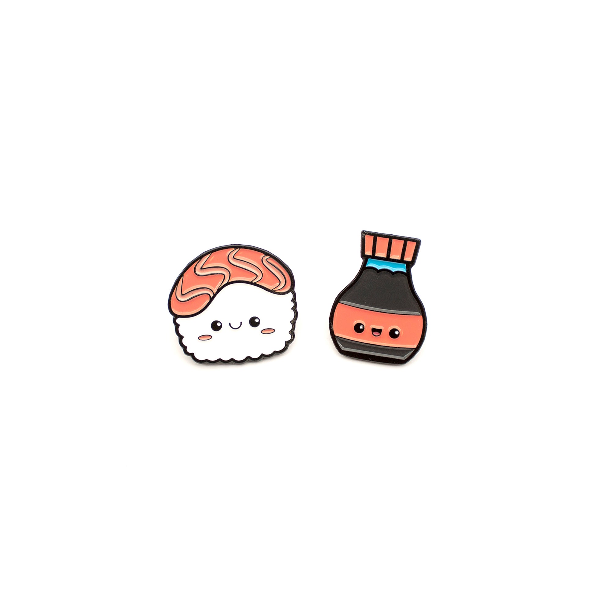 Sushi and Soy Sauce enamel pins on white background