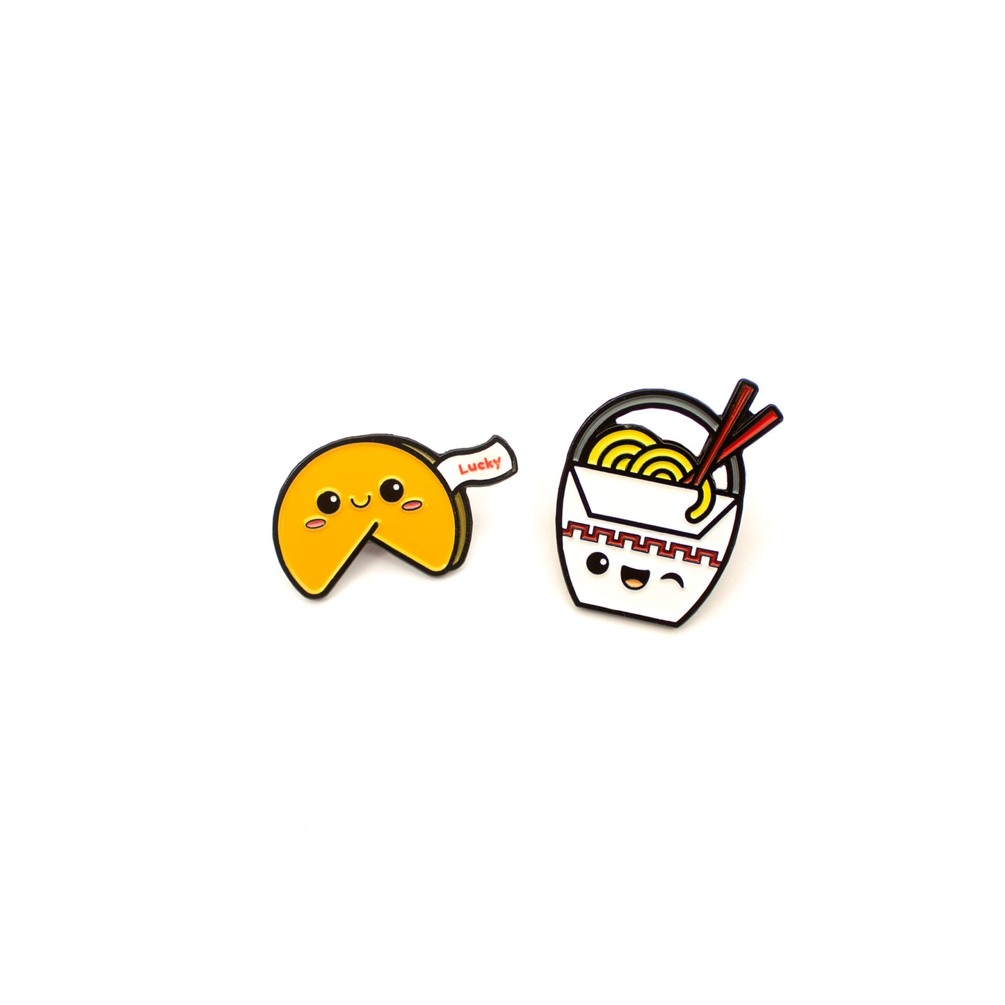 Chinese Takeout and Fortune Cookie enamel pins on white background
